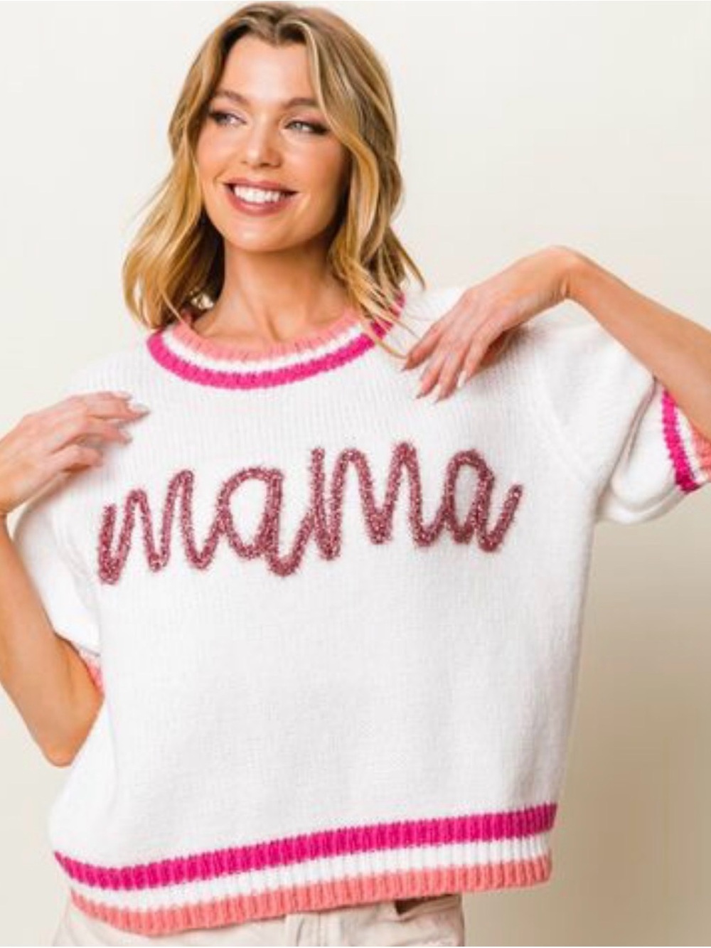 BiBi White Knit 'mama' Short Sleeve Sweater with Pink Trim